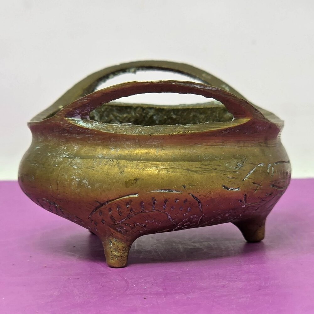 Antique Chinese Brass Incense Burner Pot With Handles‎ Etched Design 6 Hallmarks - Picture 2 of 11